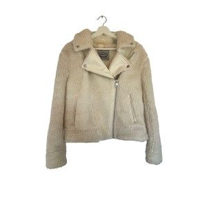Levi Strauss & Co Womens Moto Leather Sherpa Jacket Ivory Zip Lined Pockets S